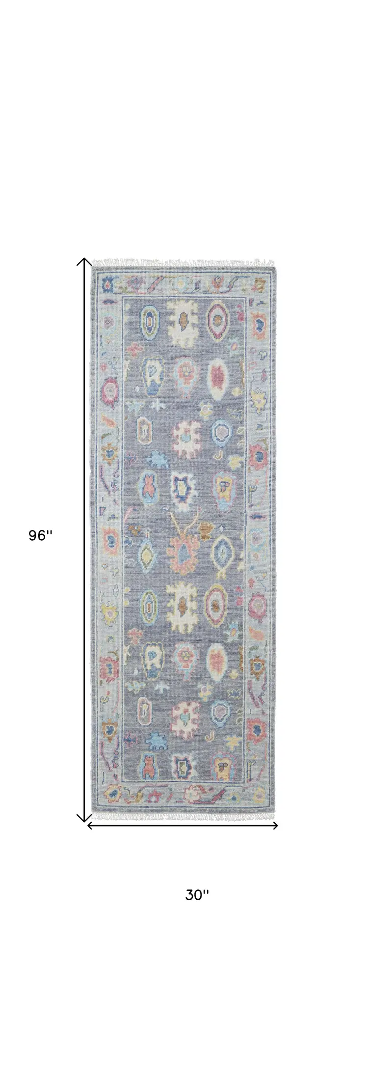 8' Gray Blue and Purple Wool Oriental Hand Knotted Runner Rug With Fringe