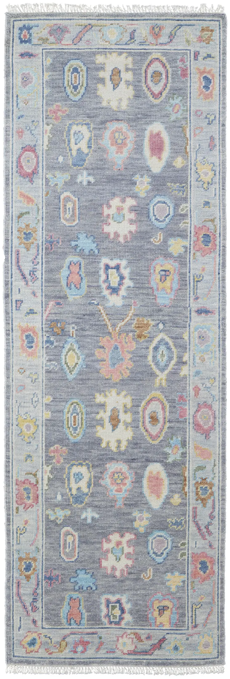 8' Gray Blue and Purple Wool Oriental Hand Knotted Runner Rug With Fringe