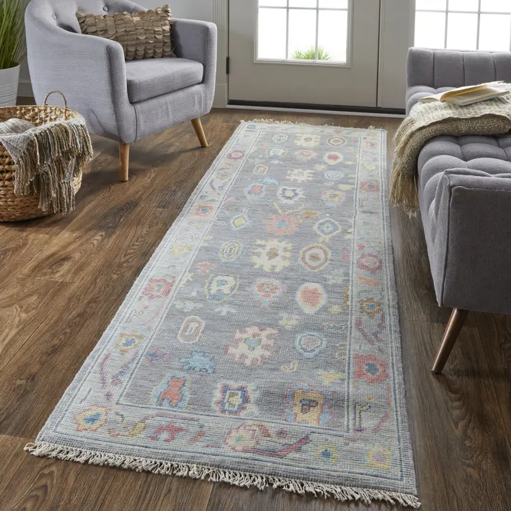 8' Gray Blue and Purple Wool Oriental Hand Knotted Runner Rug With Fringe