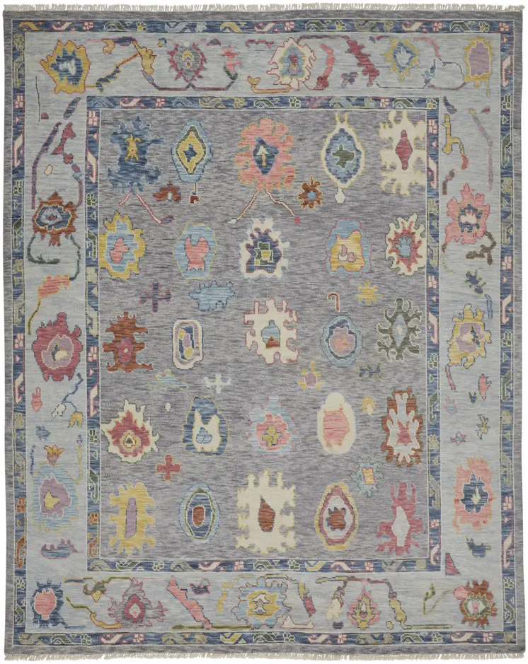 12' X 15' Gray Blue and Red Wool Oriental Hand Knotted Area Rug With Fringe