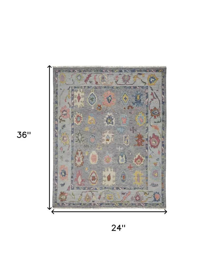 2' X 3' Gray Blue and Red Wool Oriental Hand Knotted Area Rug With Fringe