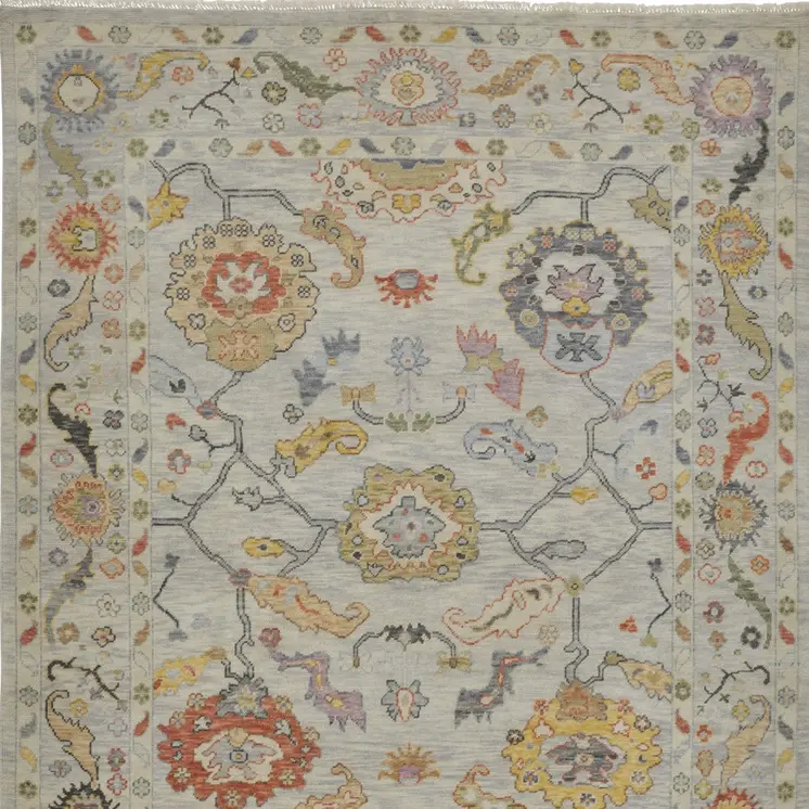 6' X 9' Gray Red and Yellow Wool Oriental Hand Knotted Area Rug With Fringe
