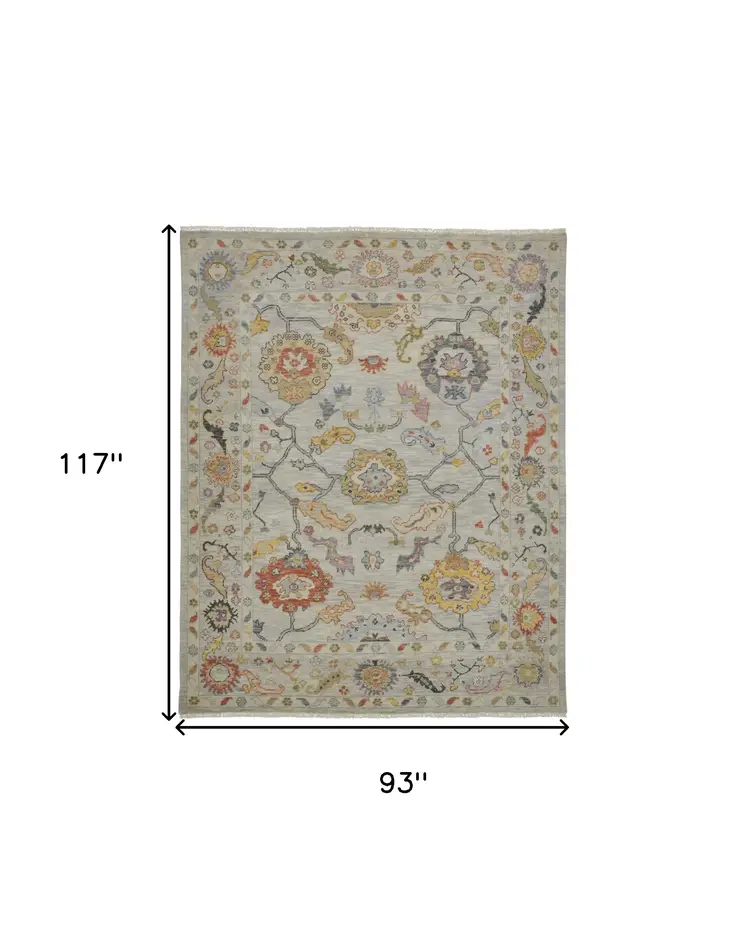 8' X 10' Gray Red and Yellow Wool Oriental Hand Knotted Area Rug With Fringe