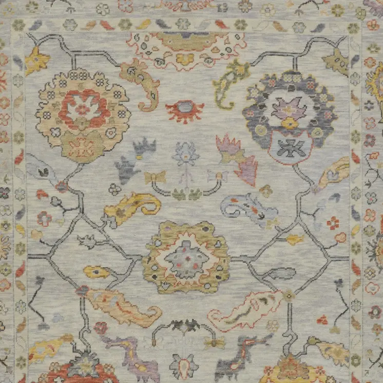 8' X 12' Gray Red and Yellow Wool Oriental Hand Knotted Area Rug With Fringe