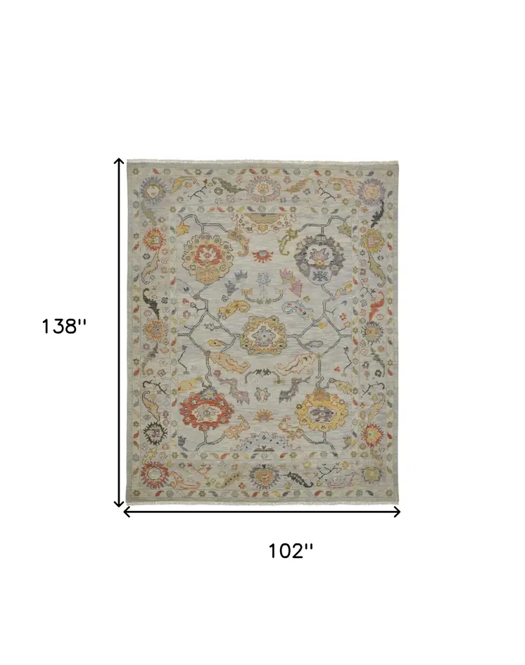 8' X 12' Gray Red and Yellow Wool Oriental Hand Knotted Area Rug With Fringe