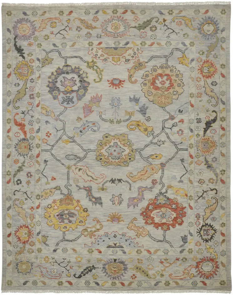 9' X 13' Gray Red and Yellow Wool Oriental Hand Knotted Area Rug With Fringe