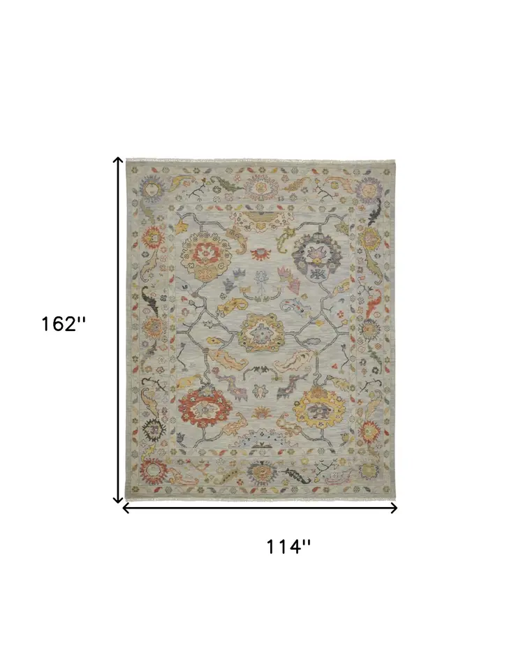 9' X 13' Gray Red and Yellow Wool Oriental Hand Knotted Area Rug With Fringe