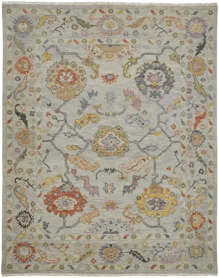 12' X 15' Gray Red and Yellow Wool Oriental Hand Knotted Area Rug With Fringe