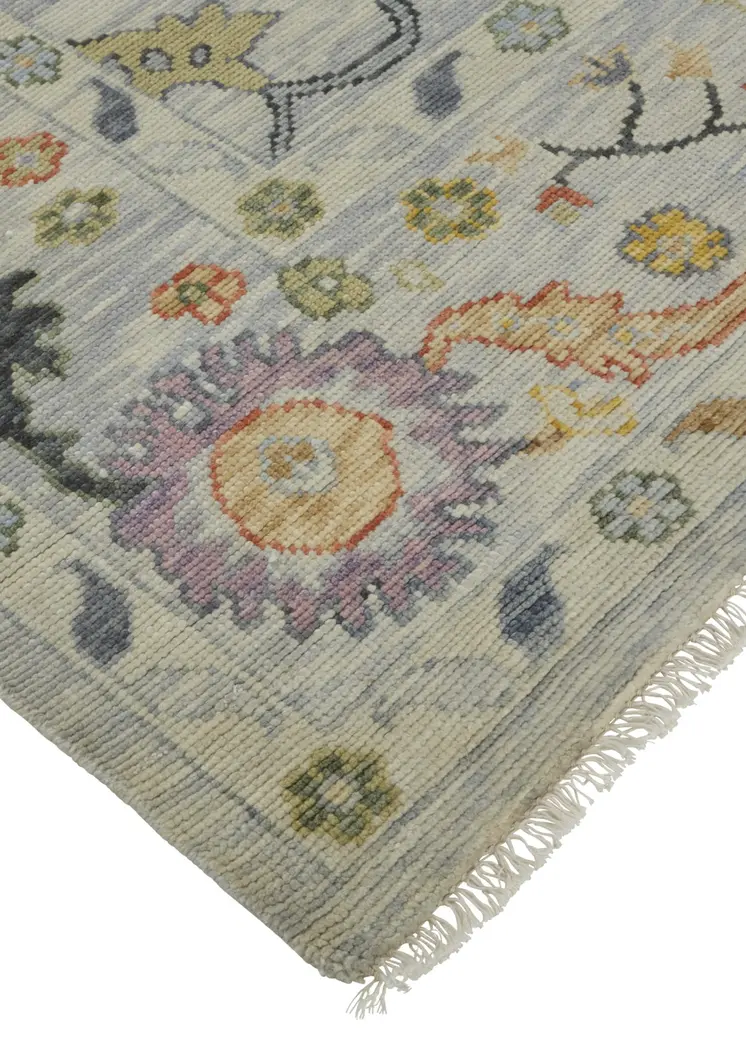 2' X 3' Gray Red and Yellow Wool Oriental Hand Knotted Area Rug With Fringe