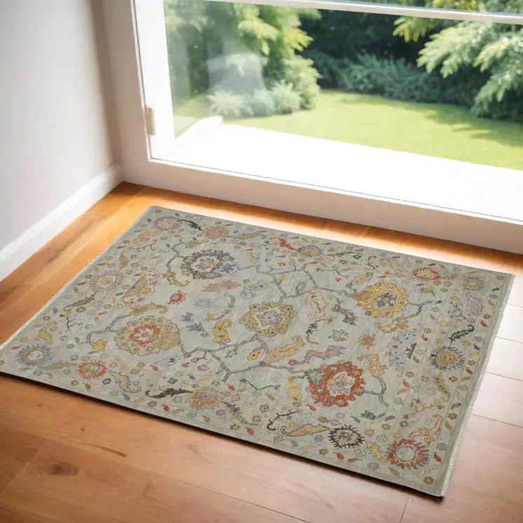 2' X 3' Gray Red and Yellow Wool Oriental Hand Knotted Area Rug With Fringe