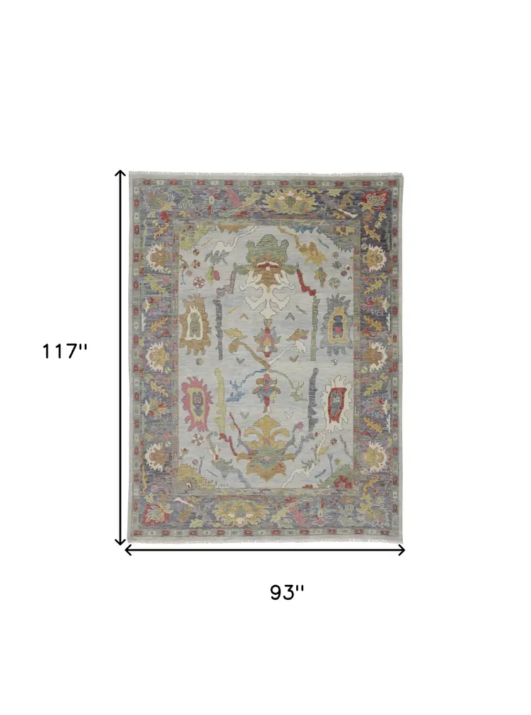 8' X 10' Gray Blue and Gold Wool Oriental Hand Knotted Area Rug With Fringe