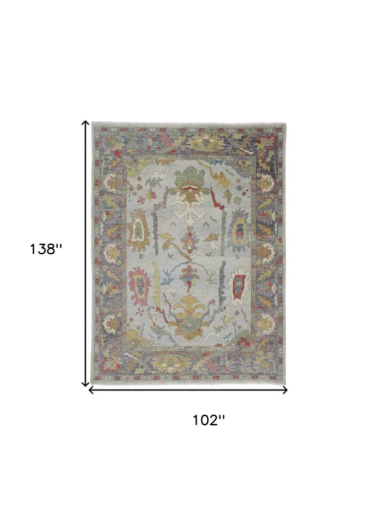8' X 12' Gray Blue and Gold Wool Oriental Hand Knotted Area Rug With Fringe