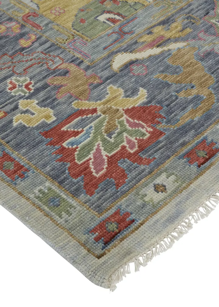 9' X 13' Gray Blue and Gold Wool Oriental Hand Knotted Area Rug With Fringe