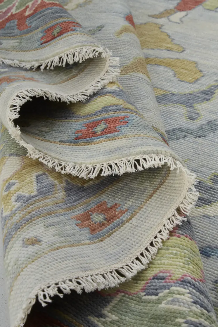 9' X 13' Gray Blue and Gold Wool Oriental Hand Knotted Area Rug With Fringe