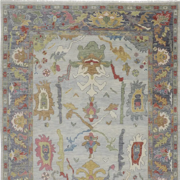 9' X 13' Gray Blue and Gold Wool Oriental Hand Knotted Area Rug With Fringe