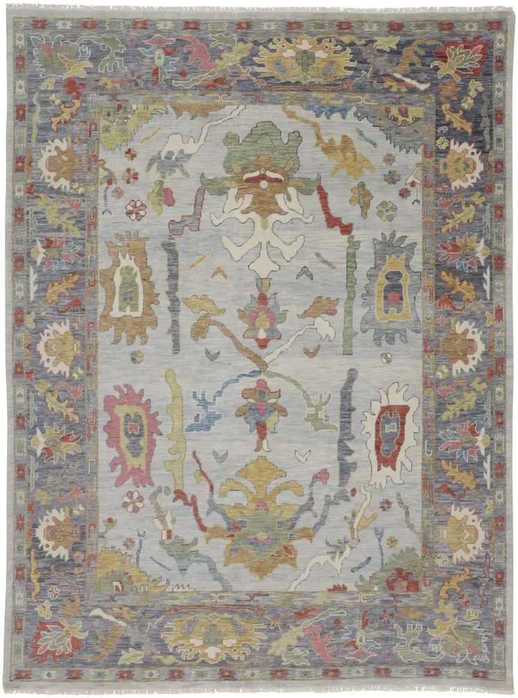 9' X 13' Gray Blue and Gold Wool Oriental Hand Knotted Area Rug With Fringe