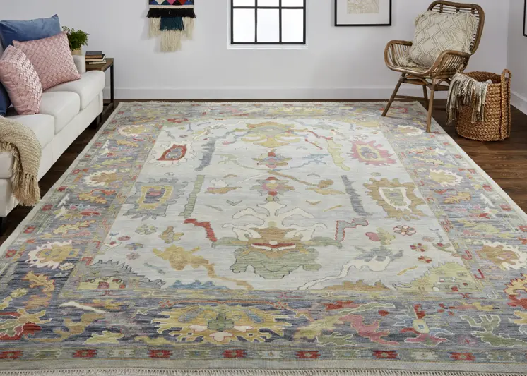 8' Gray Blue and Gold Wool Oriental Hand Knotted Runner Rug With Fringe
