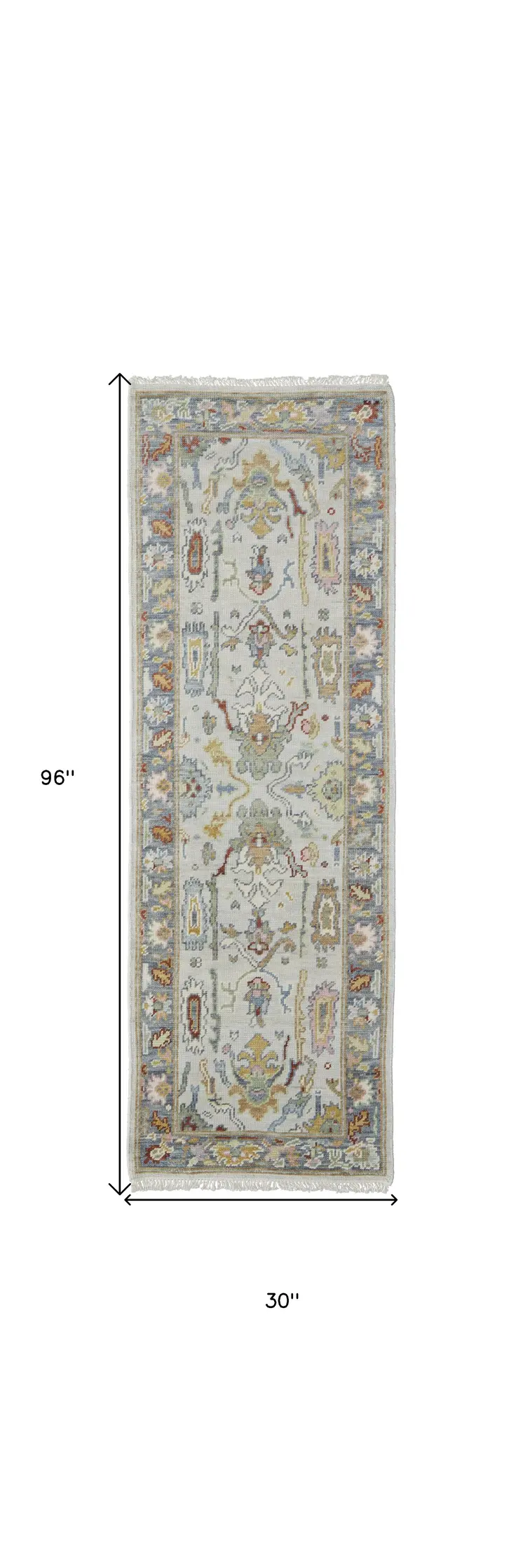 8' Gray Blue and Gold Wool Oriental Hand Knotted Runner Rug With Fringe