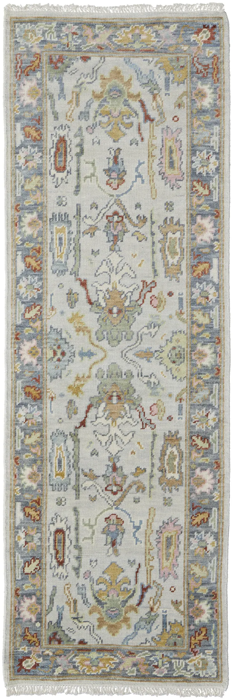 8' Gray Blue and Gold Wool Oriental Hand Knotted Runner Rug With Fringe