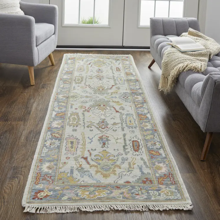 8' Gray Blue and Gold Wool Oriental Hand Knotted Runner Rug With Fringe