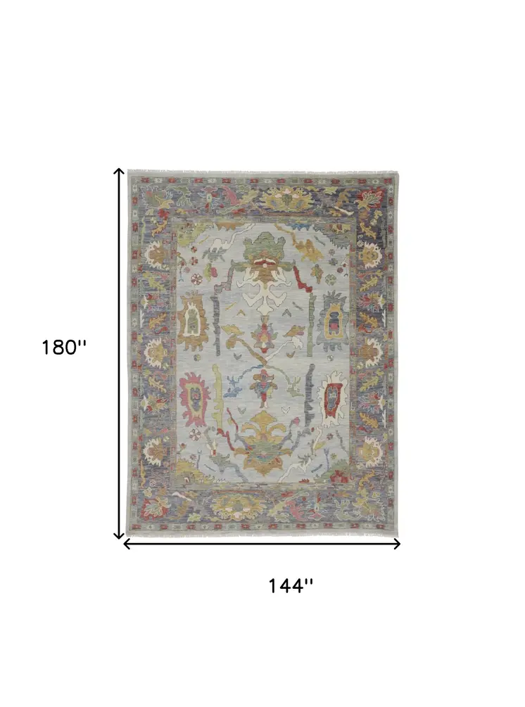12' X 15' Gray Blue and Gold Wool Oriental Hand Knotted Area Rug With Fringe