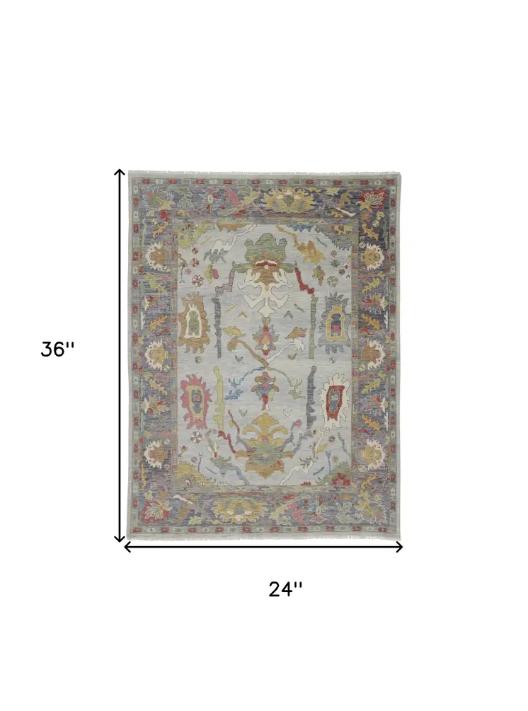 2' X 3' Gray Blue and Gold Wool Oriental Hand Knotted Area Rug With Fringe