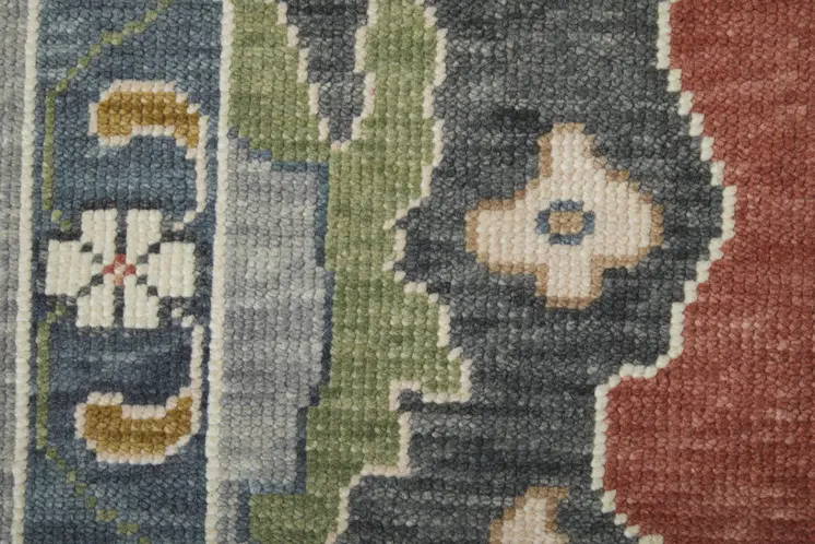 6' X 9' Gray Red and Ivory Wool Floral Hand Knotted Area Rug With Fringe