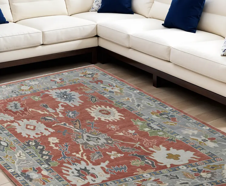 6' X 9' Gray Red and Ivory Wool Floral Hand Knotted Area Rug With Fringe
