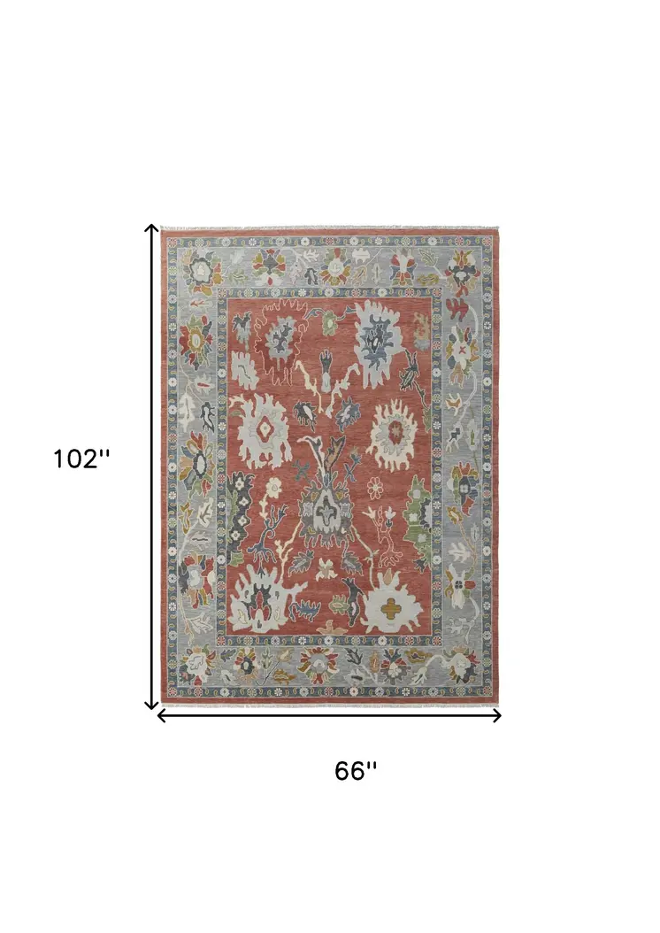 6' X 9' Gray Red and Ivory Wool Floral Hand Knotted Area Rug With Fringe