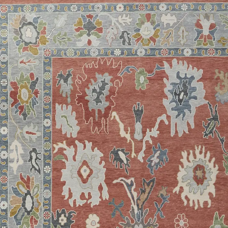 8' X 10' Gray Red and Ivory Wool Floral Hand Knotted Area Rug With Fringe