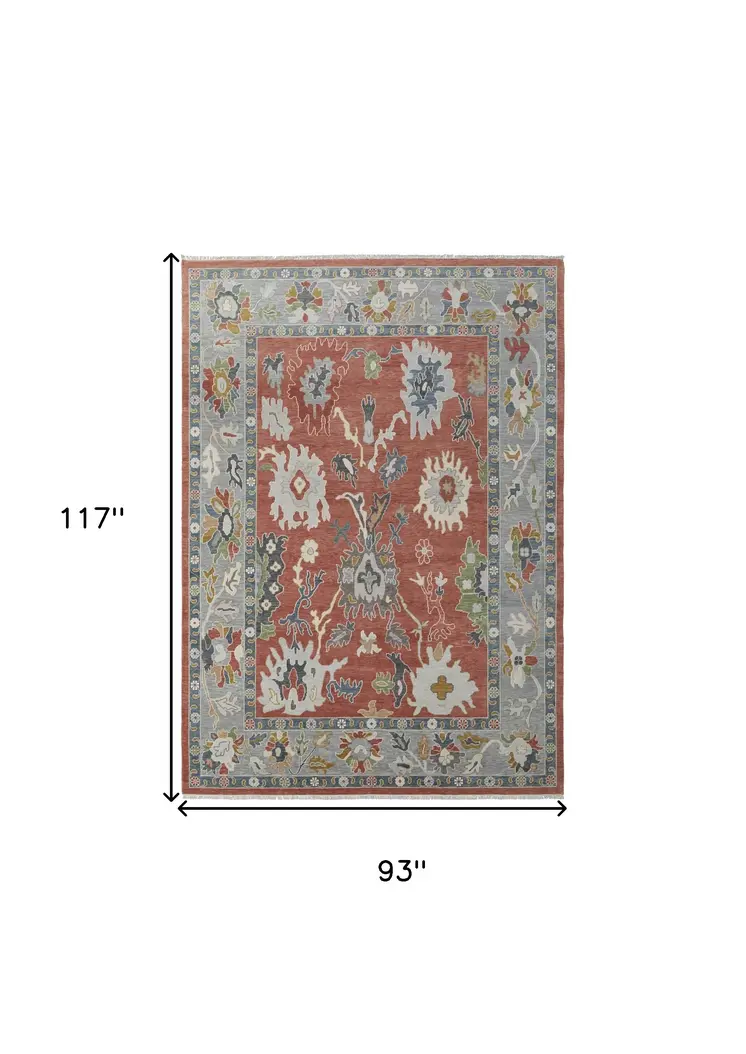 8' X 10' Gray Red and Ivory Wool Floral Hand Knotted Area Rug With Fringe