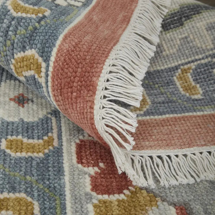 9' X 13' Gray Red and Ivory Wool Floral Hand Knotted Area Rug With Fringe
