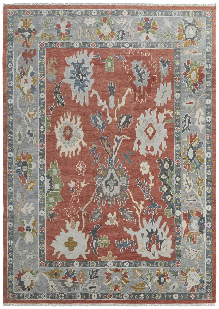 9' X 13' Gray Red and Ivory Wool Floral Hand Knotted Area Rug With Fringe