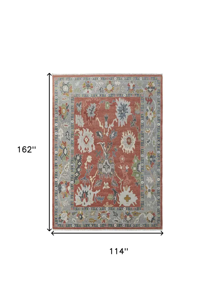 9' X 13' Gray Red and Ivory Wool Floral Hand Knotted Area Rug With Fringe