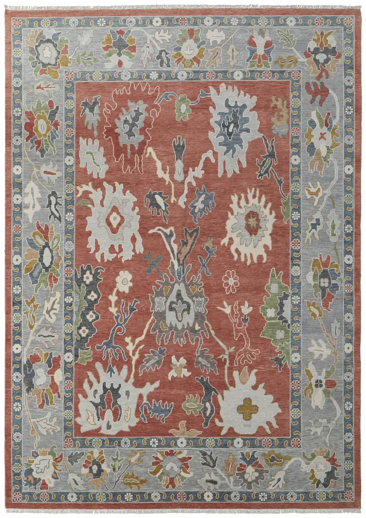 9' X 13' Gray Red and Ivory Wool Floral Hand Knotted Area Rug With Fringe