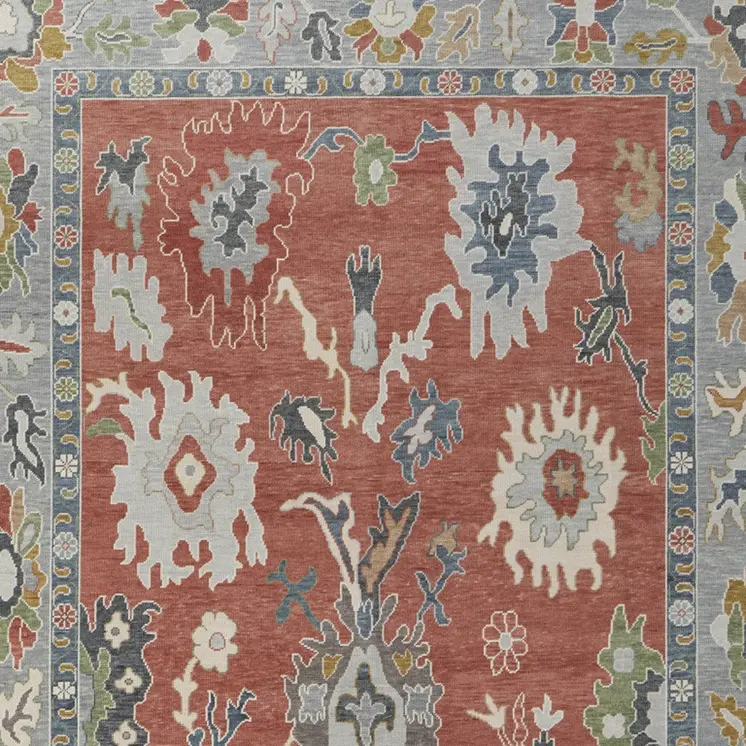 2' X 3' Gray Red and Ivory Wool Floral Hand Knotted Area Rug With Fringe