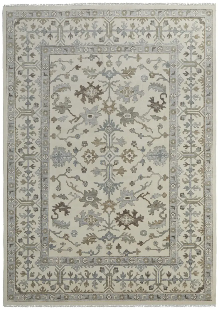 4' X 6' Ivory Gray and Brown Wool Floral Hand Knotted Area Rug With Fringe