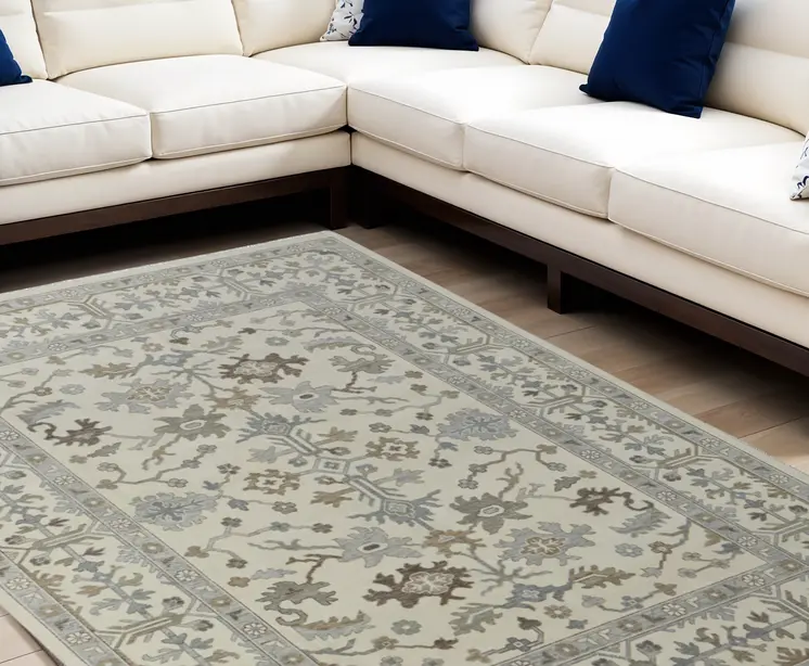 6' X 9' Ivory Gray and Brown Wool Floral Hand Knotted Area Rug With Fringe