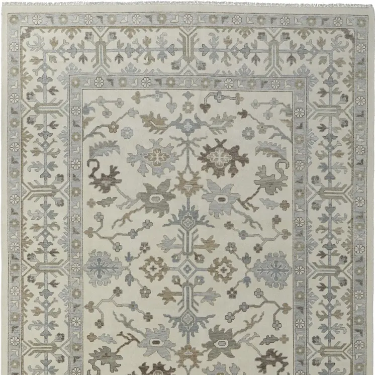 2' X 3' Ivory Gray and Brown Wool Floral Hand Knotted Area Rug With Fringe