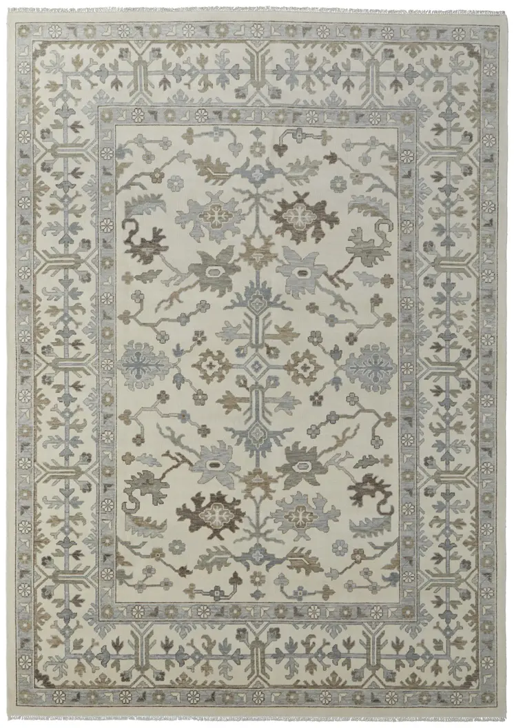 2' X 3' Ivory Gray and Brown Wool Floral Hand Knotted Area Rug With Fringe