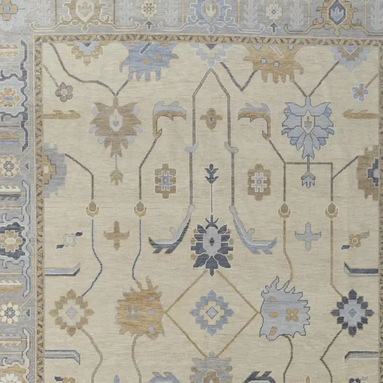 4' X 6' Gray Ivory and Blue Wool Floral Hand Knotted Area Rug With Fringe