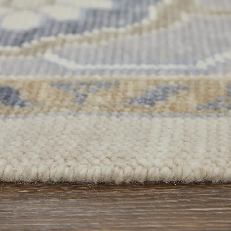 6' X 9' Gray Ivory and Blue Wool Floral Hand Knotted Area Rug With Fringe