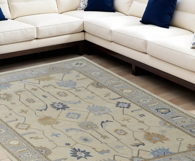 6' X 9' Gray Ivory and Blue Wool Floral Hand Knotted Area Rug With Fringe