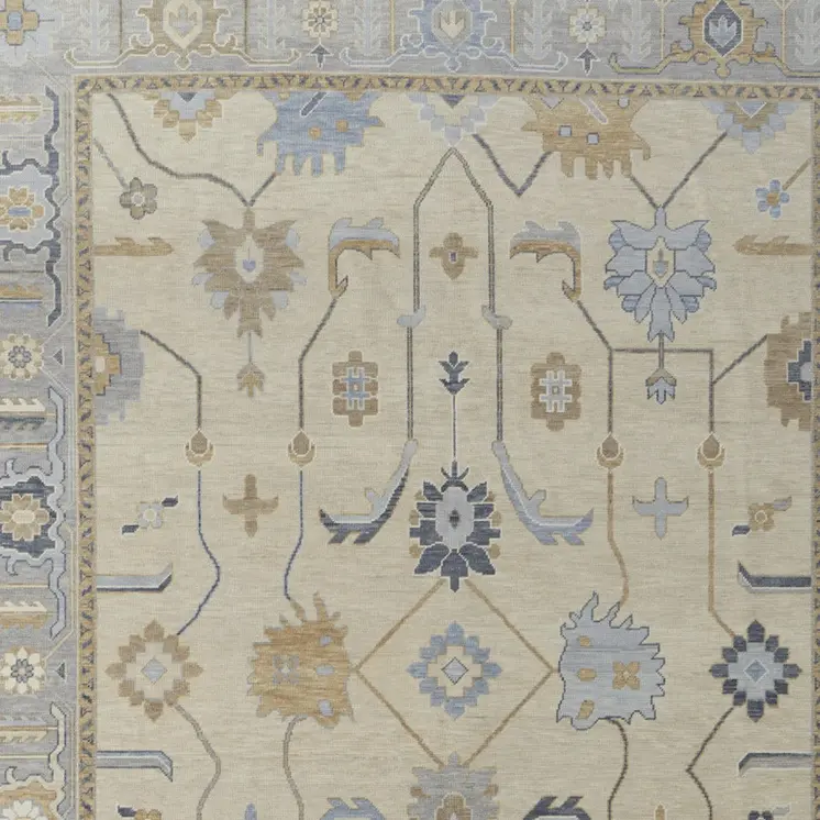6' X 9' Gray Ivory and Blue Wool Floral Hand Knotted Area Rug With Fringe