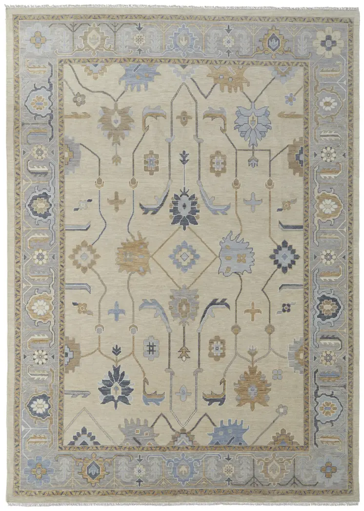 6' X 9' Gray Ivory and Blue Wool Floral Hand Knotted Area Rug With Fringe