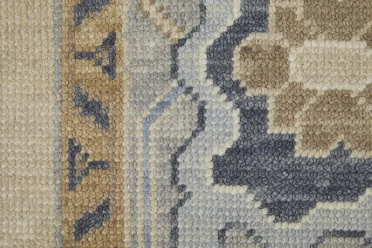 9' X 13' Gray Ivory and Blue Wool Floral Hand Knotted Area Rug With Fringe