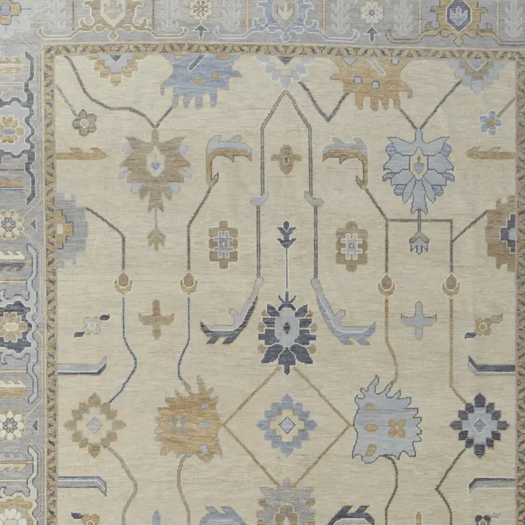 9' X 13' Gray Ivory and Blue Wool Floral Hand Knotted Area Rug With Fringe