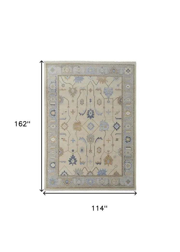 9' X 13' Gray Ivory and Blue Wool Floral Hand Knotted Area Rug With Fringe