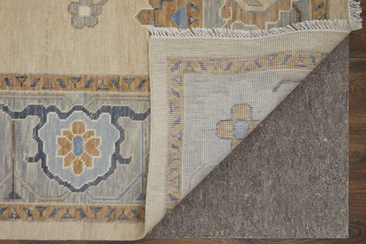 2' X 3' Gray Ivory and Blue Wool Floral Hand Knotted Area Rug With Fringe