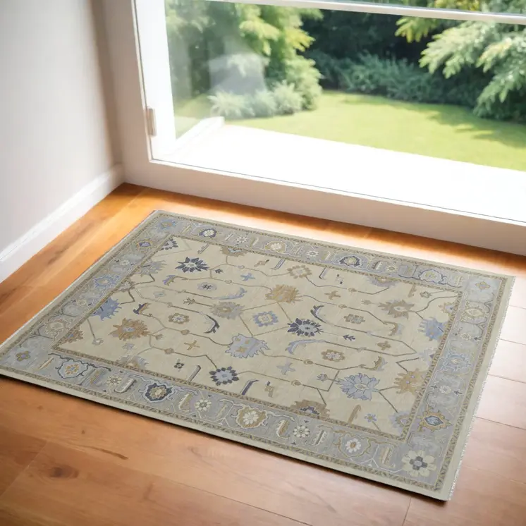 2' X 3' Gray Ivory and Blue Wool Floral Hand Knotted Area Rug With Fringe